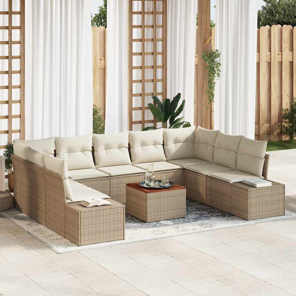 Tuinbankenset met kussen 10 pcs Beige poly rattan – afbeelding 1