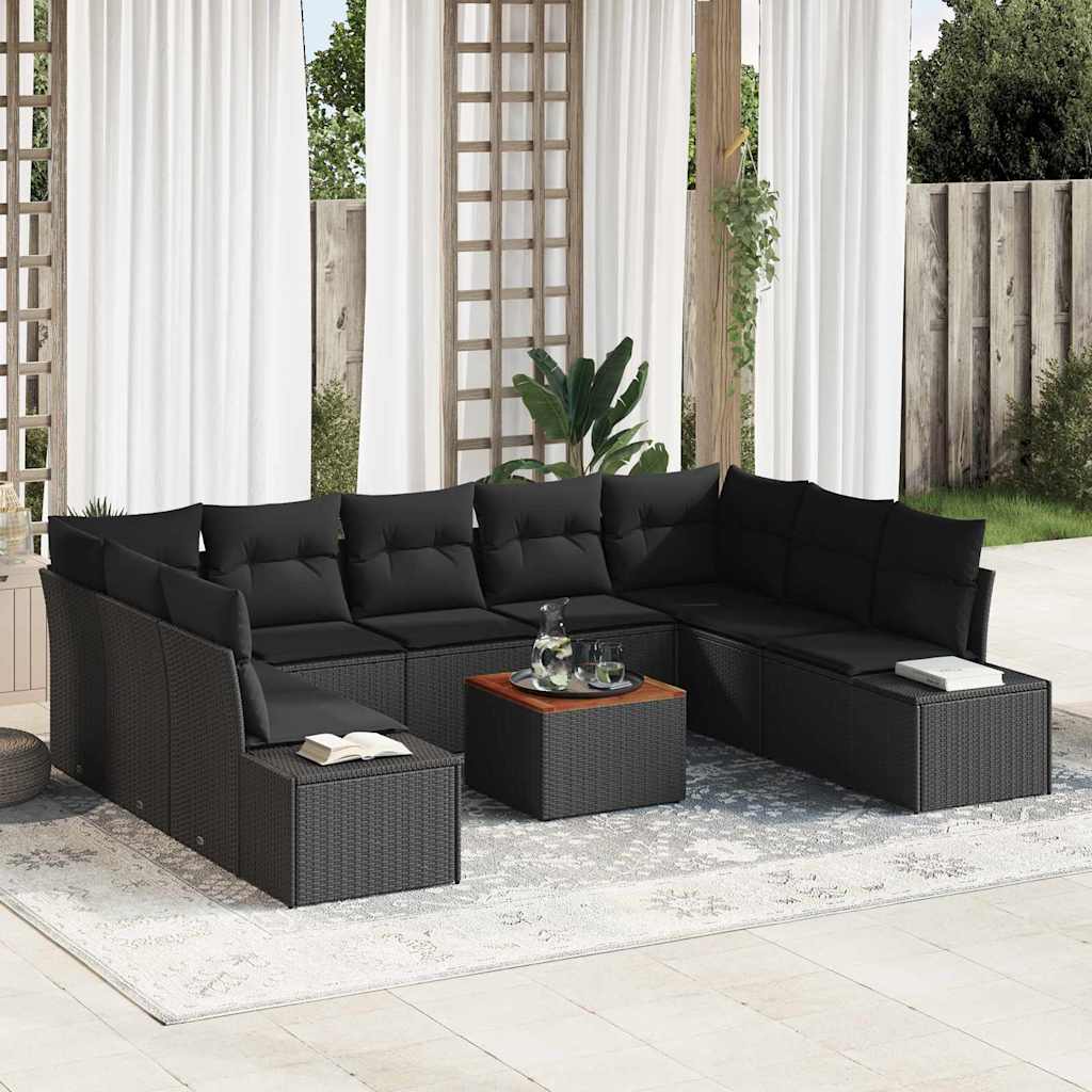 Tuinbankenset met kussen 10 pcs Zwart poly rattan – afbeelding 1
