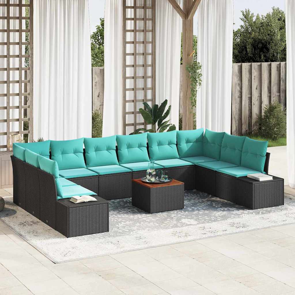 Tuinbankenset met kussen 11 pcs Zwart poly rattan – afbeelding 1