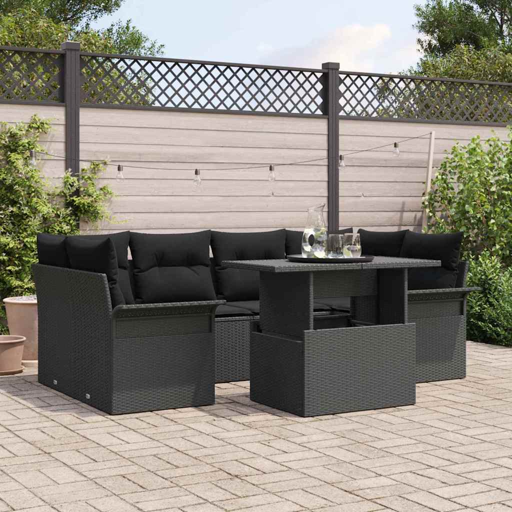 Tuin Sofa Set met kussen 7 pcs Zwart Poly riet – afbeelding 1