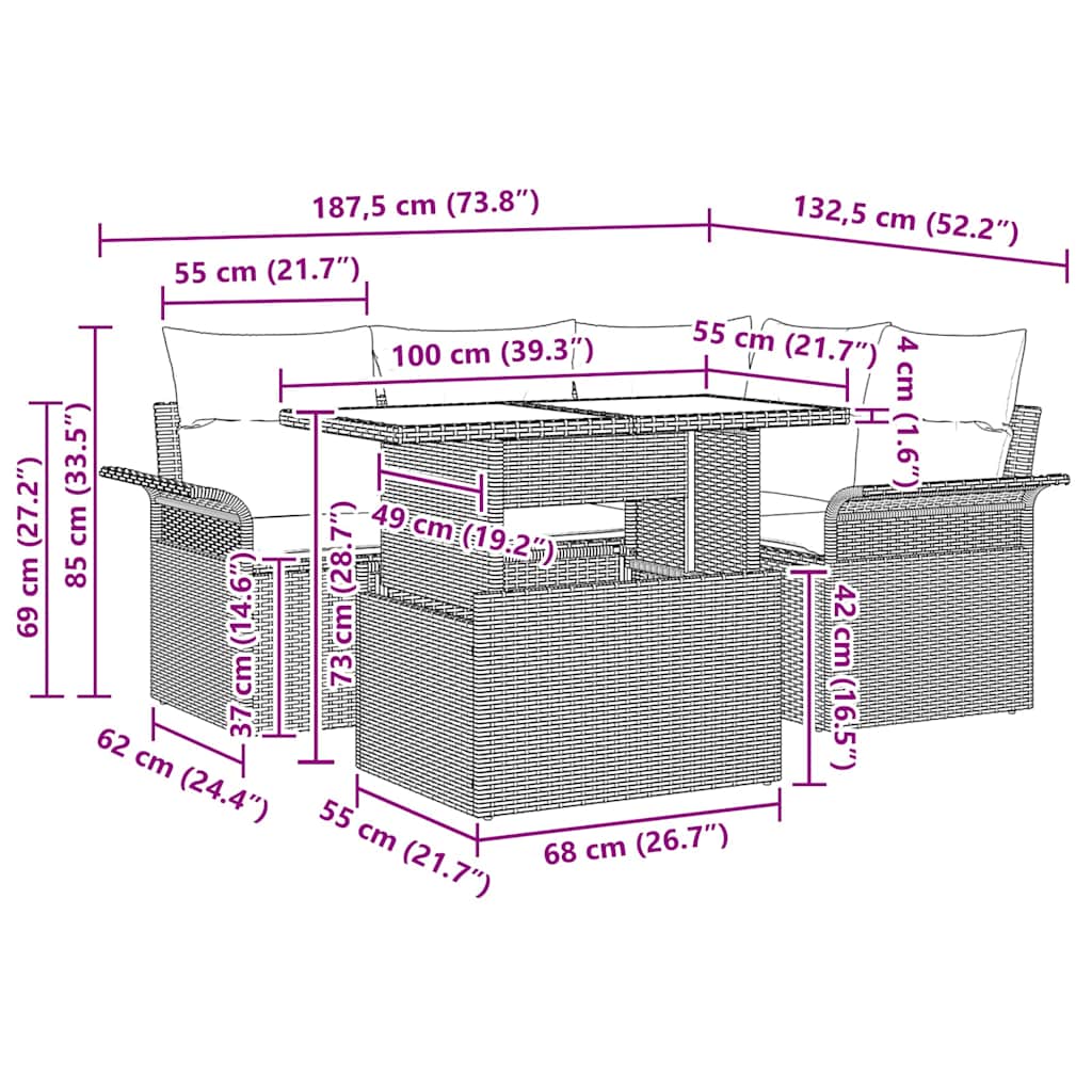 Tuin Sofa Set 5 st Zwart poly rattan – afbeelding 11
