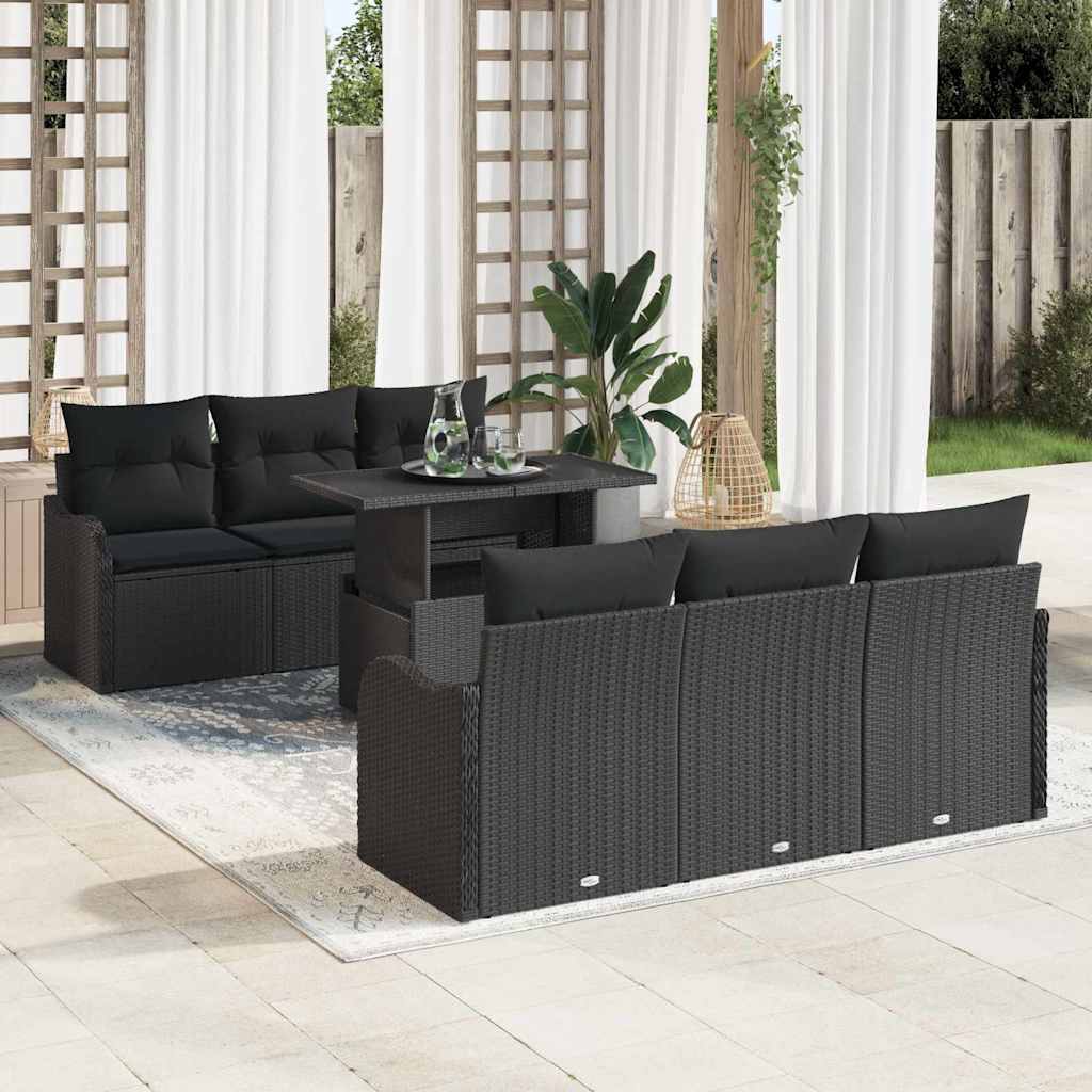 Tuin Sofa Set met kussen 7 pcs Zwart Poly riet