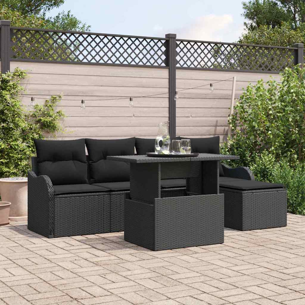 Buiten Zitmeubelset met kussen 6 pcs Zwart Poly riet – afbeelding 1