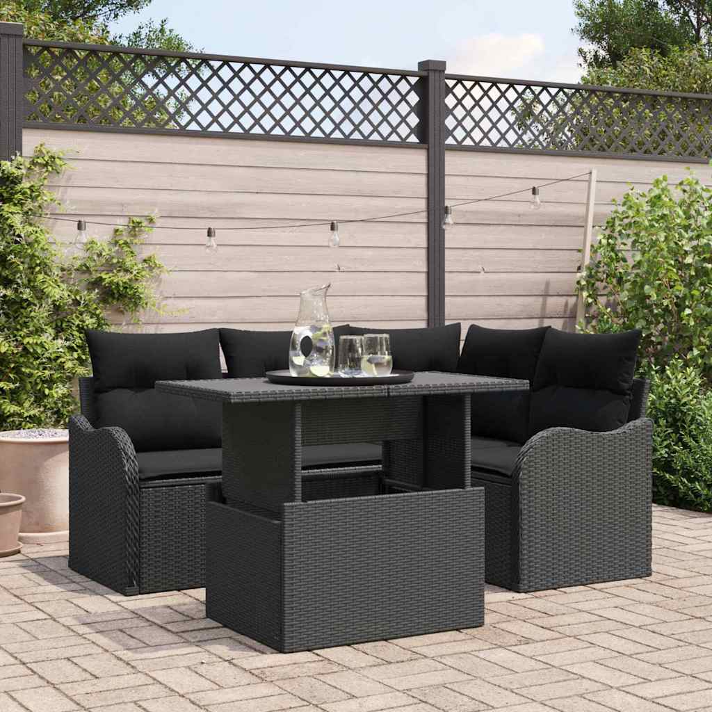 Buiten eetset met kussen 5 pcs Zwart Poly riet