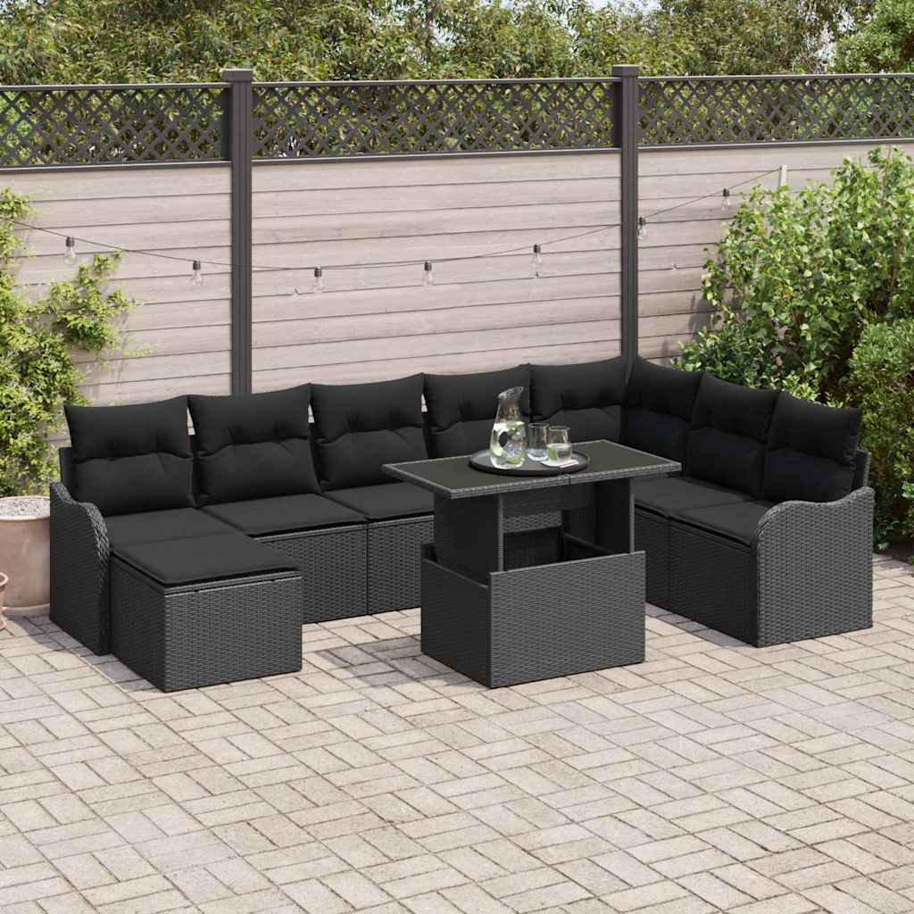 Tuin Sofa Set met kussen 9 pcs Zwart Poly riet – afbeelding 1