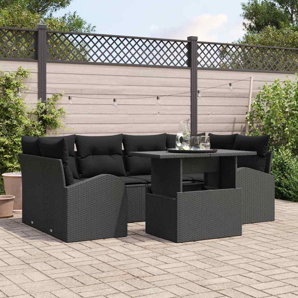 Tuin Sofa Set met kussen 7 pcs Zwart Poly riet – afbeelding 1