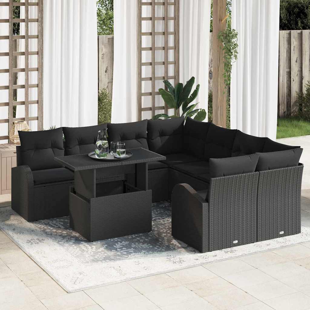 Tuin Sofa Set met opslag 9 pcs Zwart poly rattan – afbeelding 1