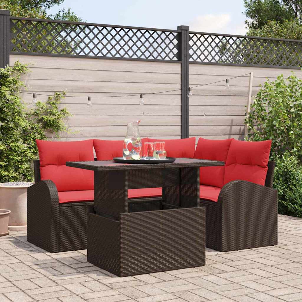 Tuin Sofa Set met opslag 5 pcs Bruin en Rood poly rattan