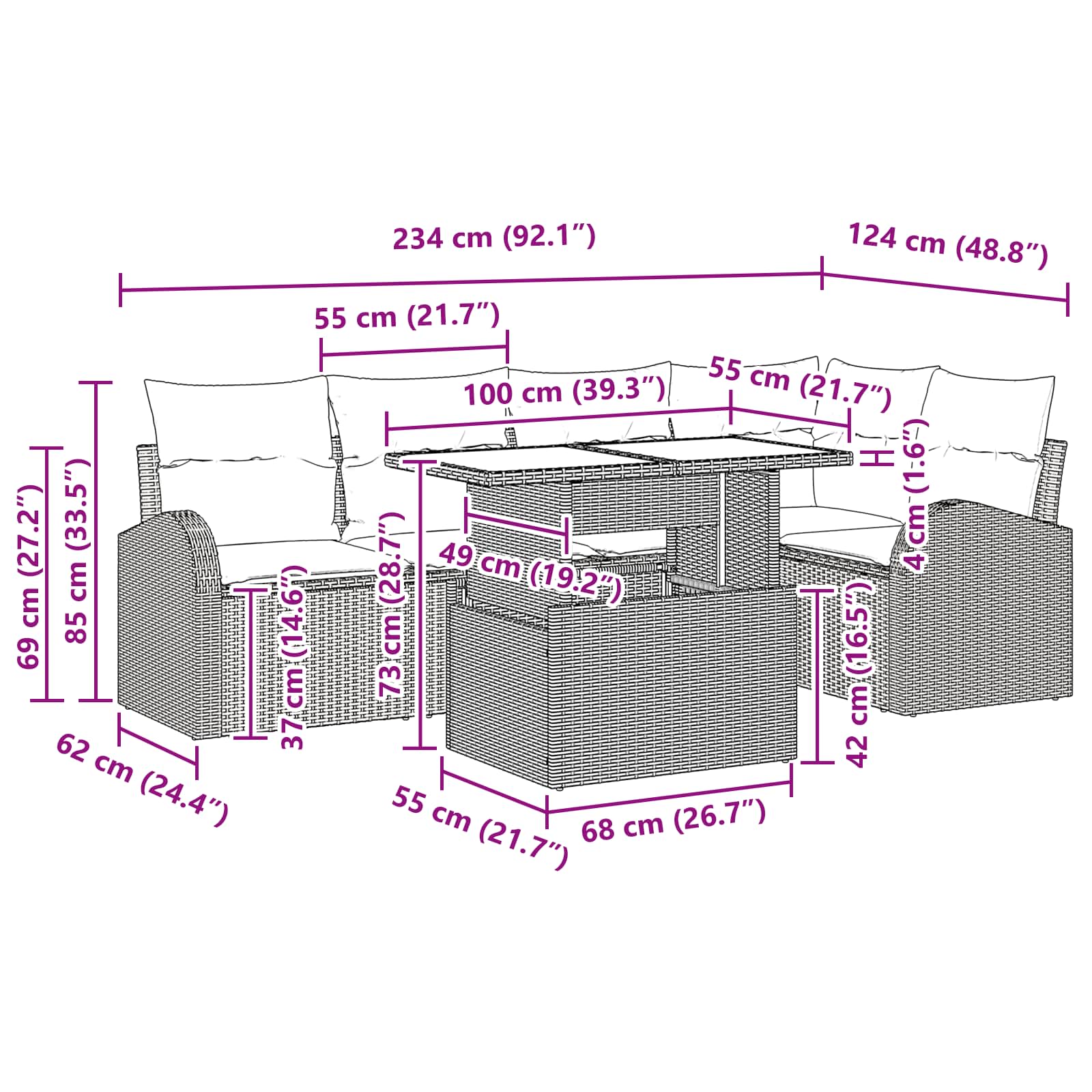 Tuin Sofa Set met kussen 6 pcs Bruin en rood poly rattan – afbeelding 11