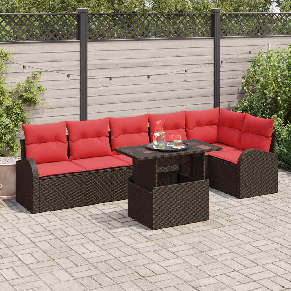 Tuin Sofa Set met opslag 7 pcs Bruin en Rood poly rattan