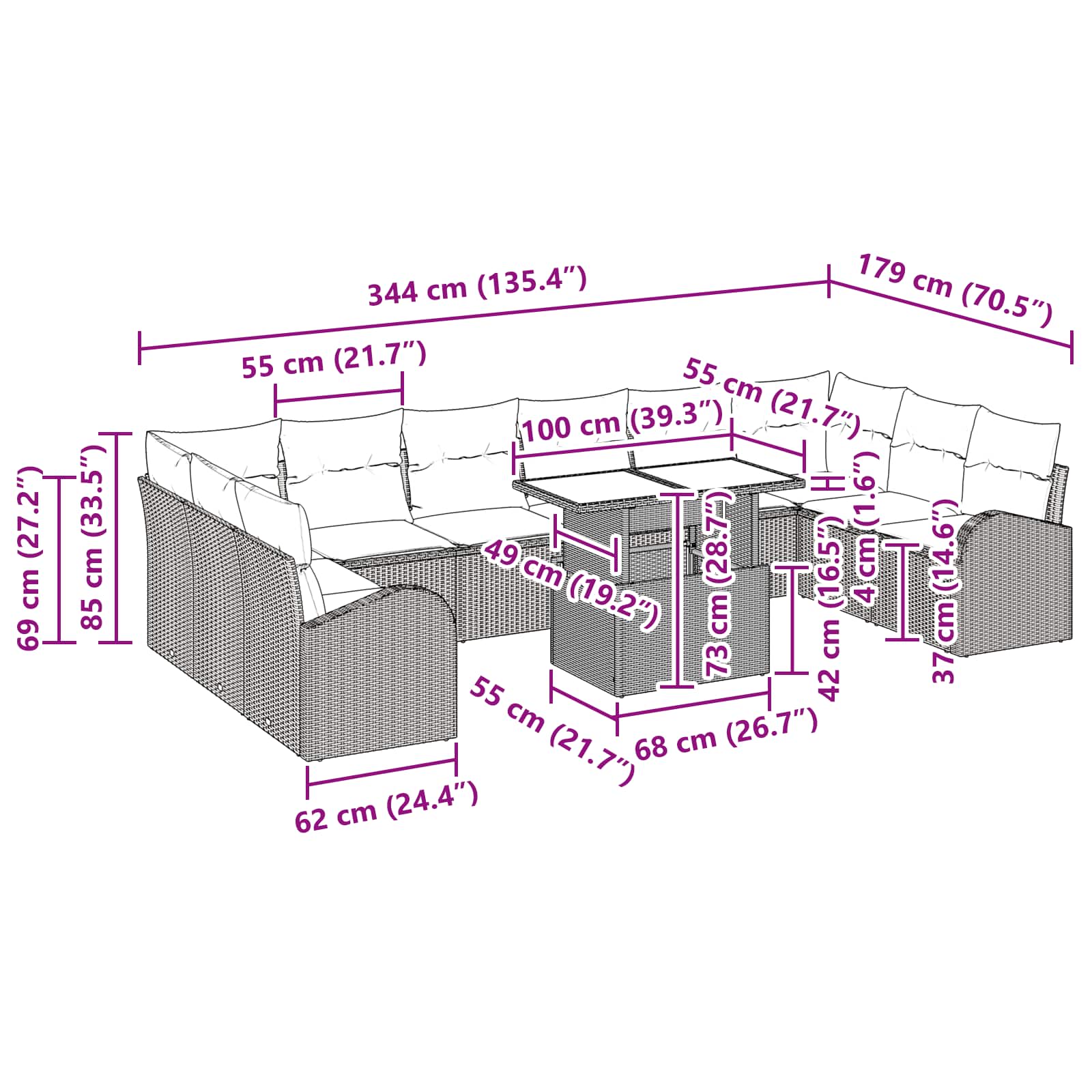 Tuin Sofa Set met opslag met kussen 11 pcs Bruin poly rattan – afbeelding 11
