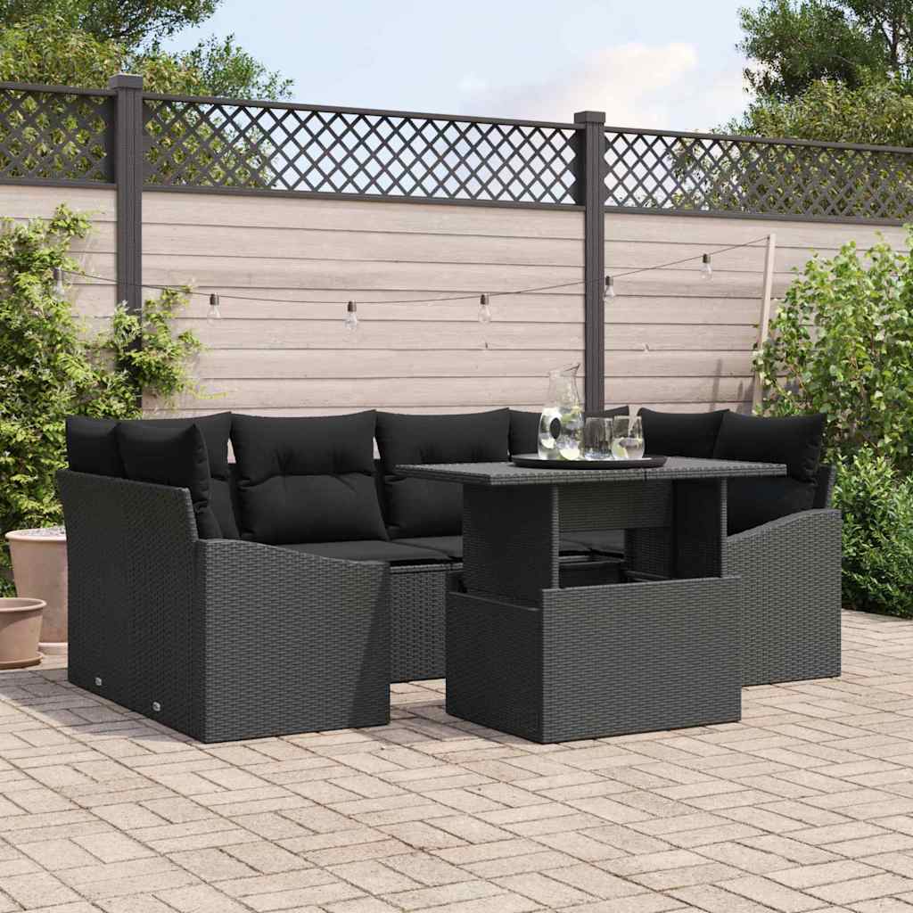 Tuin Sofa Set met kussen 7 pcs Zwart poly rattan