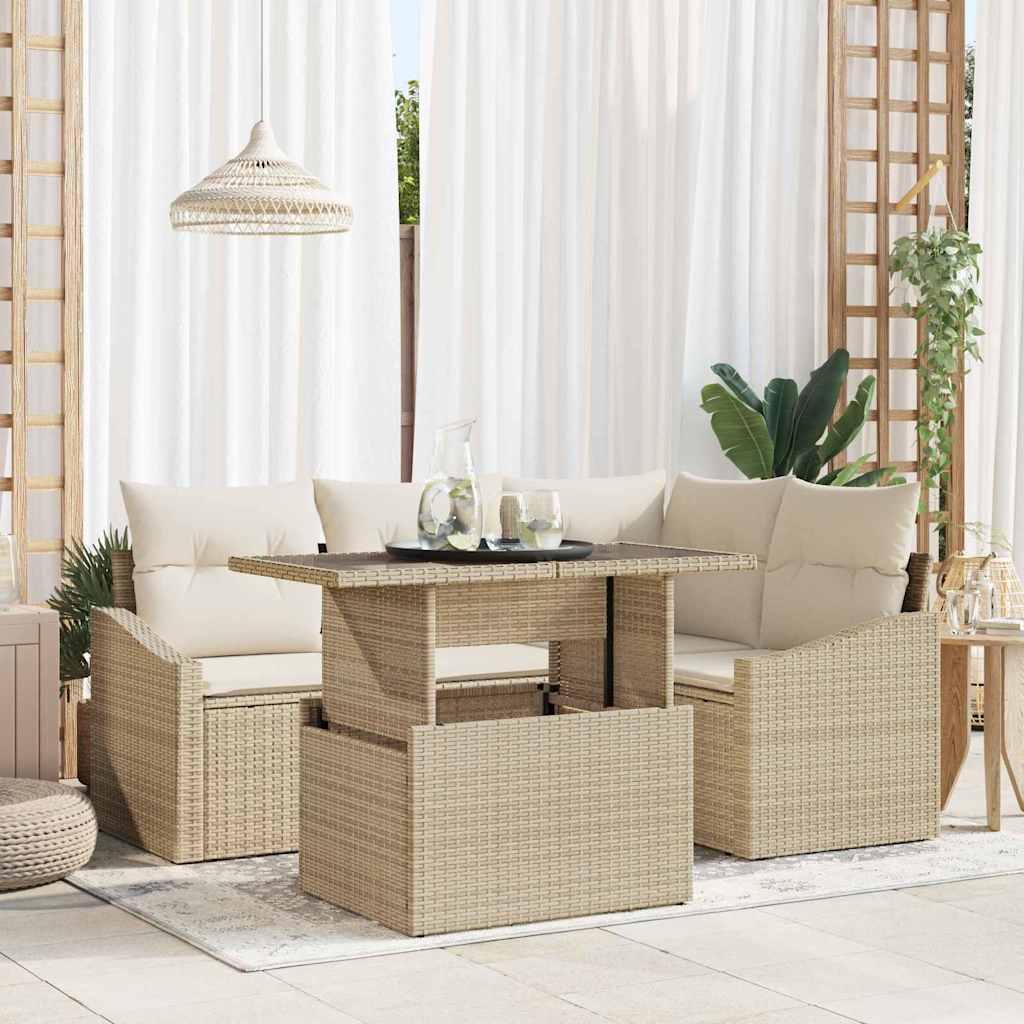 Tuin Sofa Set met kussen 5 pcs Beige en Crème poly rattan