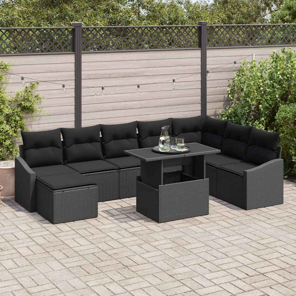 Bankstel met kussen met opslag 9 pcs Zwart poly rattan