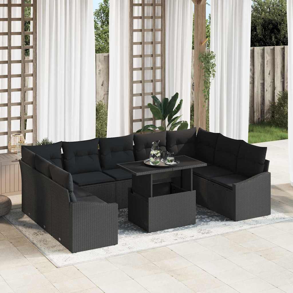 Bankstel met kussen 10 pcs Zwart poly rattan