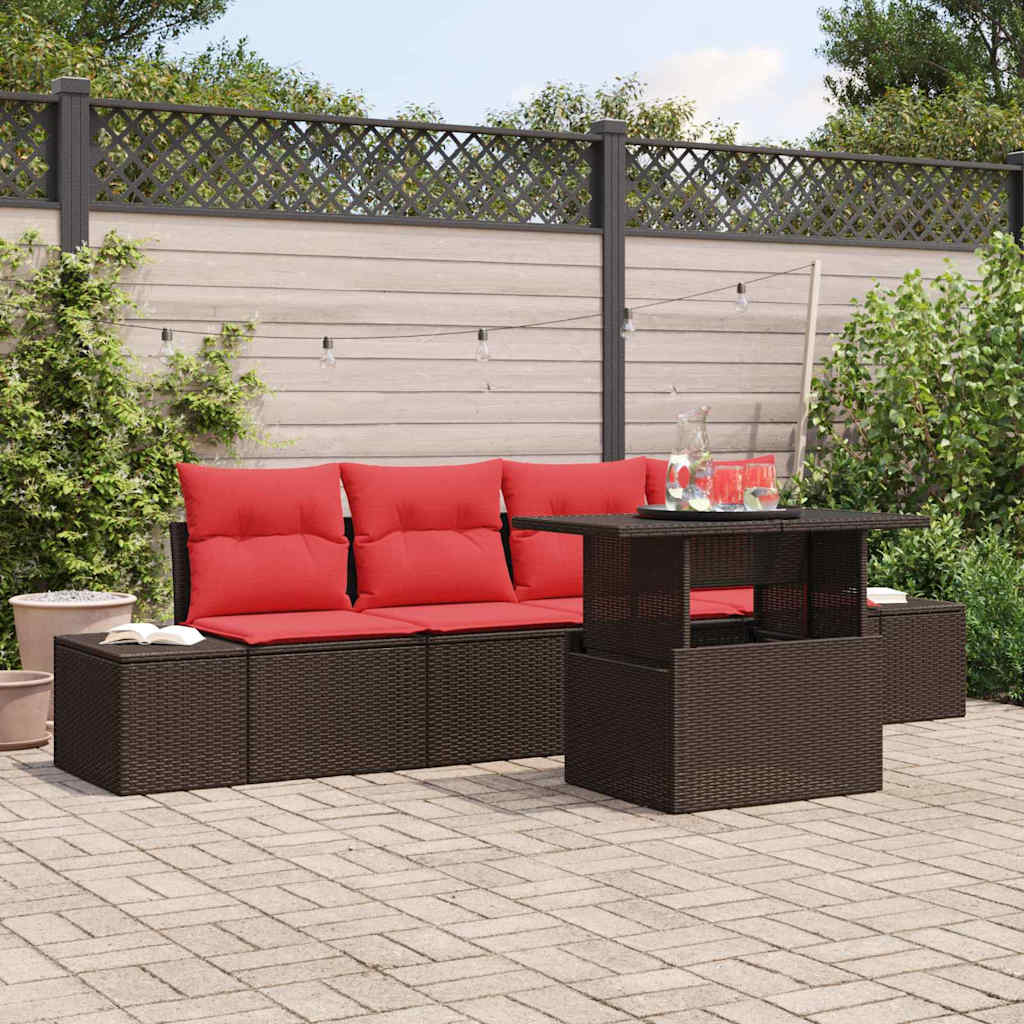 Bankstel met kussen 5 pcs Bruin en Rood poly rattan