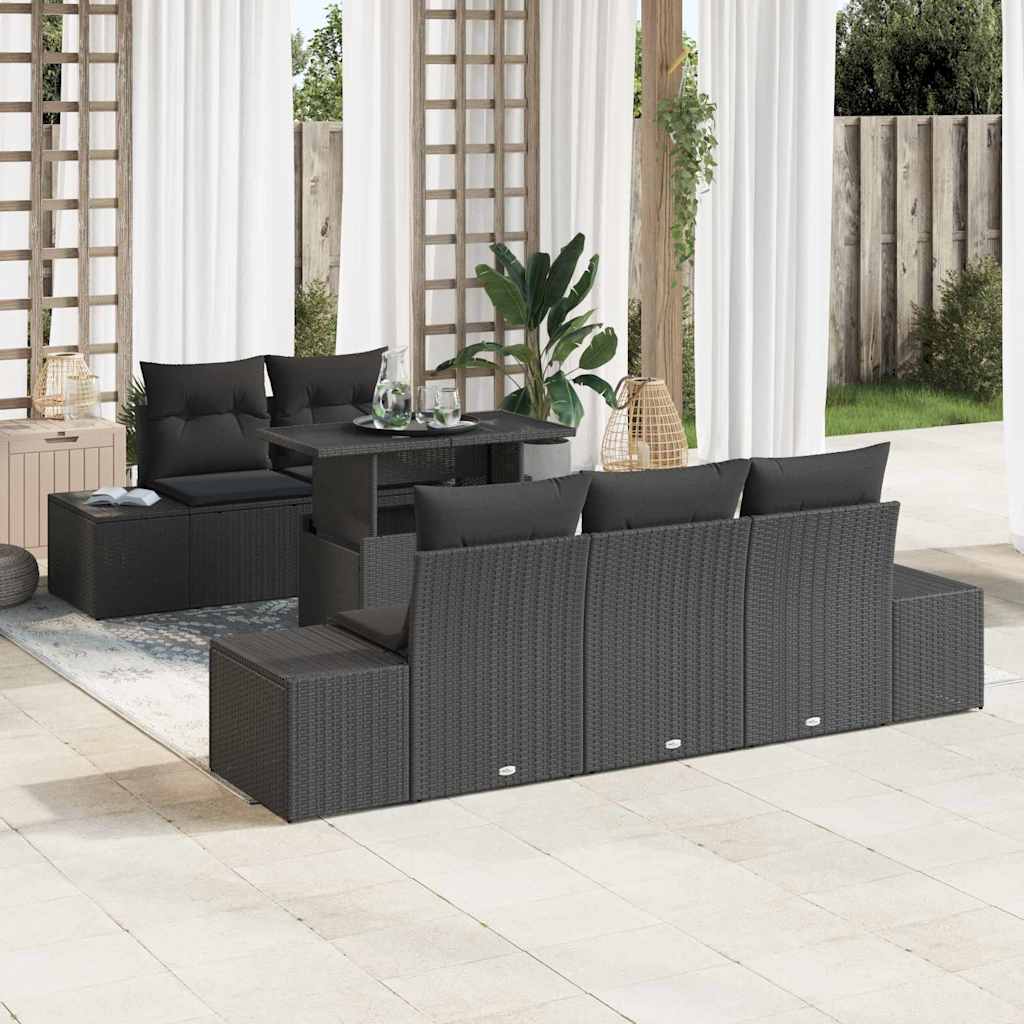 Bankstel met kussen 6 pcs Zwart poly rattan