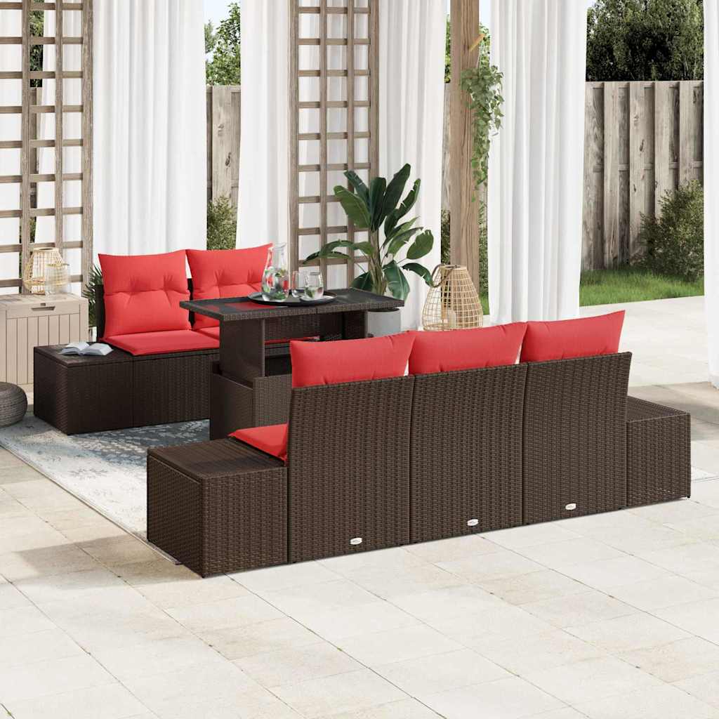 Bankstel met kussen 6 pcs Bruin en Rood poly rattan