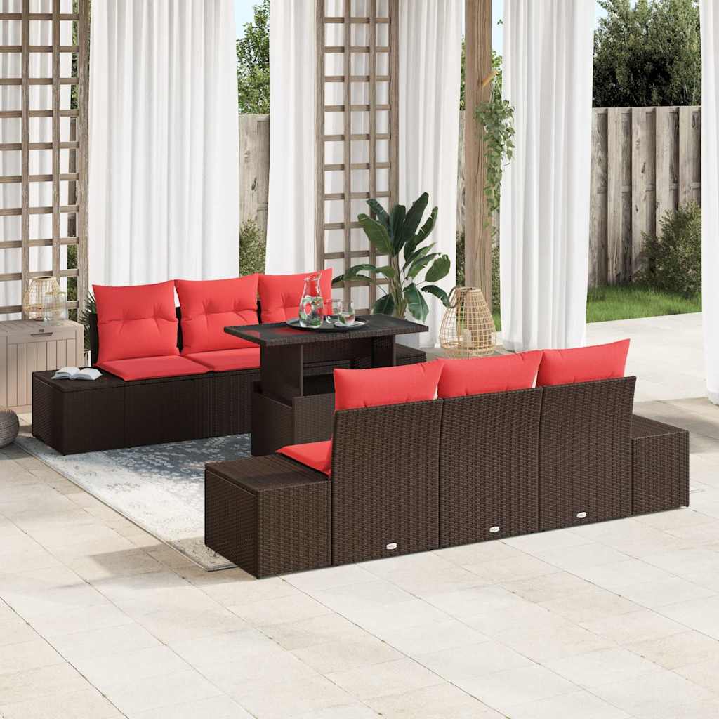 Bankstel met kussen 7 pcs Bruin en Rood poly rattan