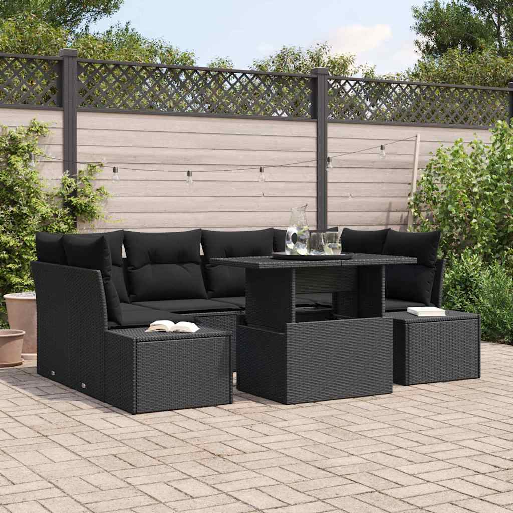 Bankstel met kussen 7 pcs Zwart poly rattan