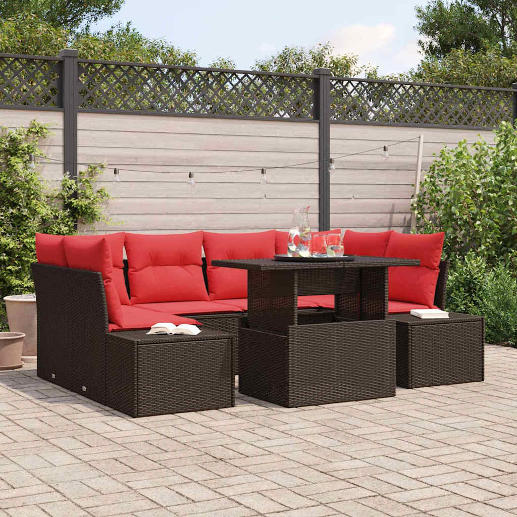 Bankstel met kussen 7 pcs Bruin en Rood poly rattan
