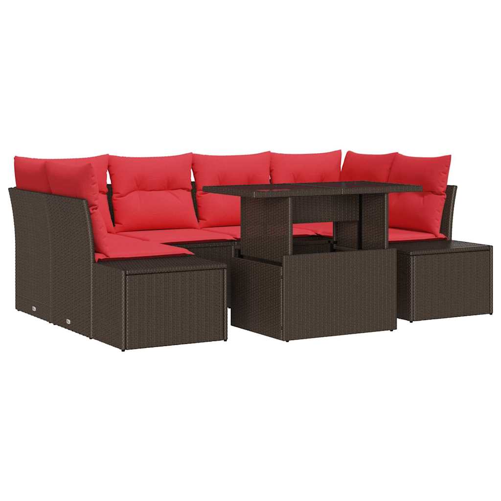 Bankstel met kussen 7 pcs Bruin en Rood poly rattan – afbeelding 2