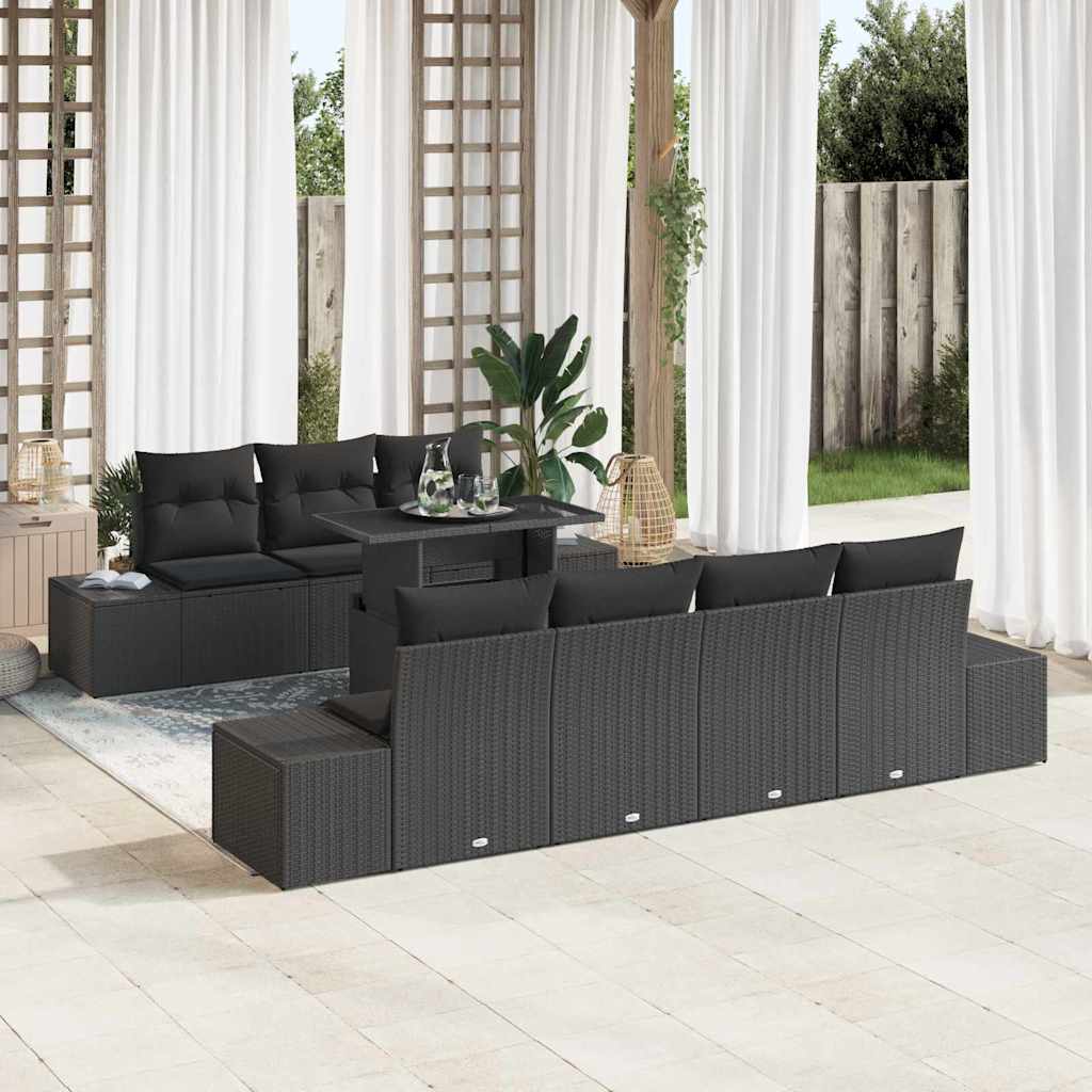Bankstel met kussen 8 pcs Zwart poly rattan