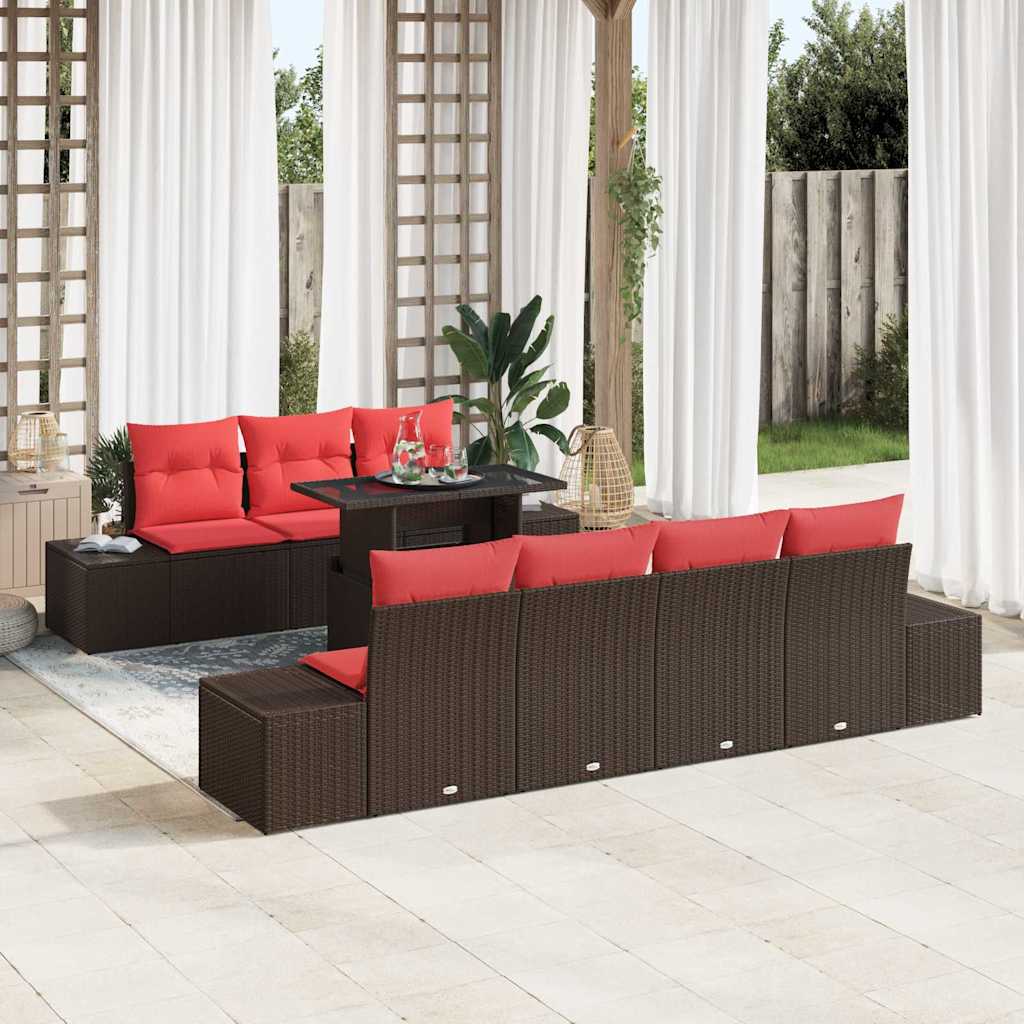 Bankstel met kussen 8 pcs Bruin en Rood poly rattan