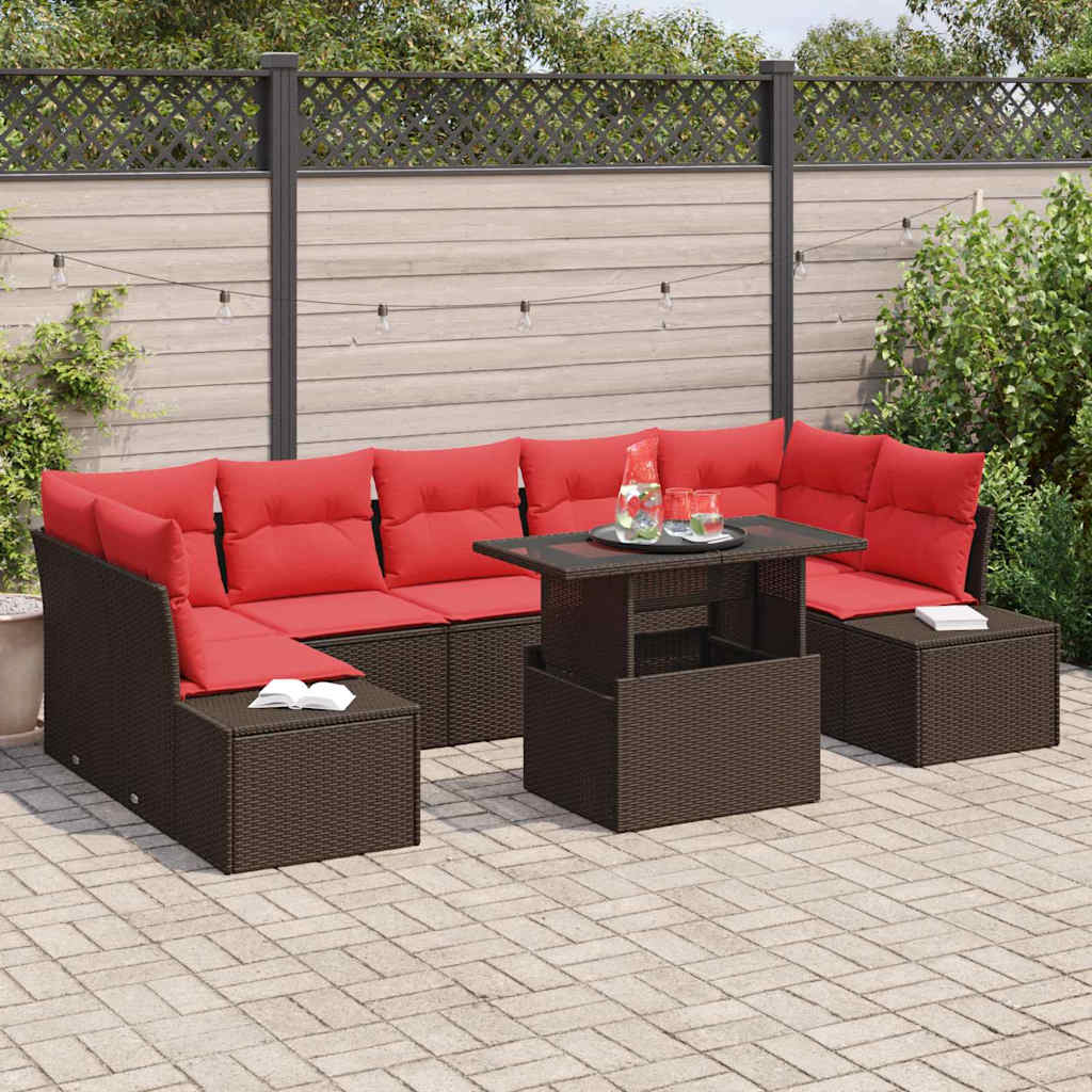 Tuin Sofa Set met kussen 8 pcs Bruin en Rood poly rattan