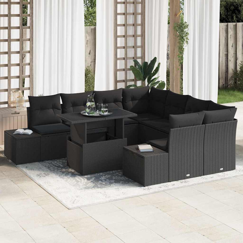 Tuin Sofa Set met kussen 9 pcs Zwart poly rattan
