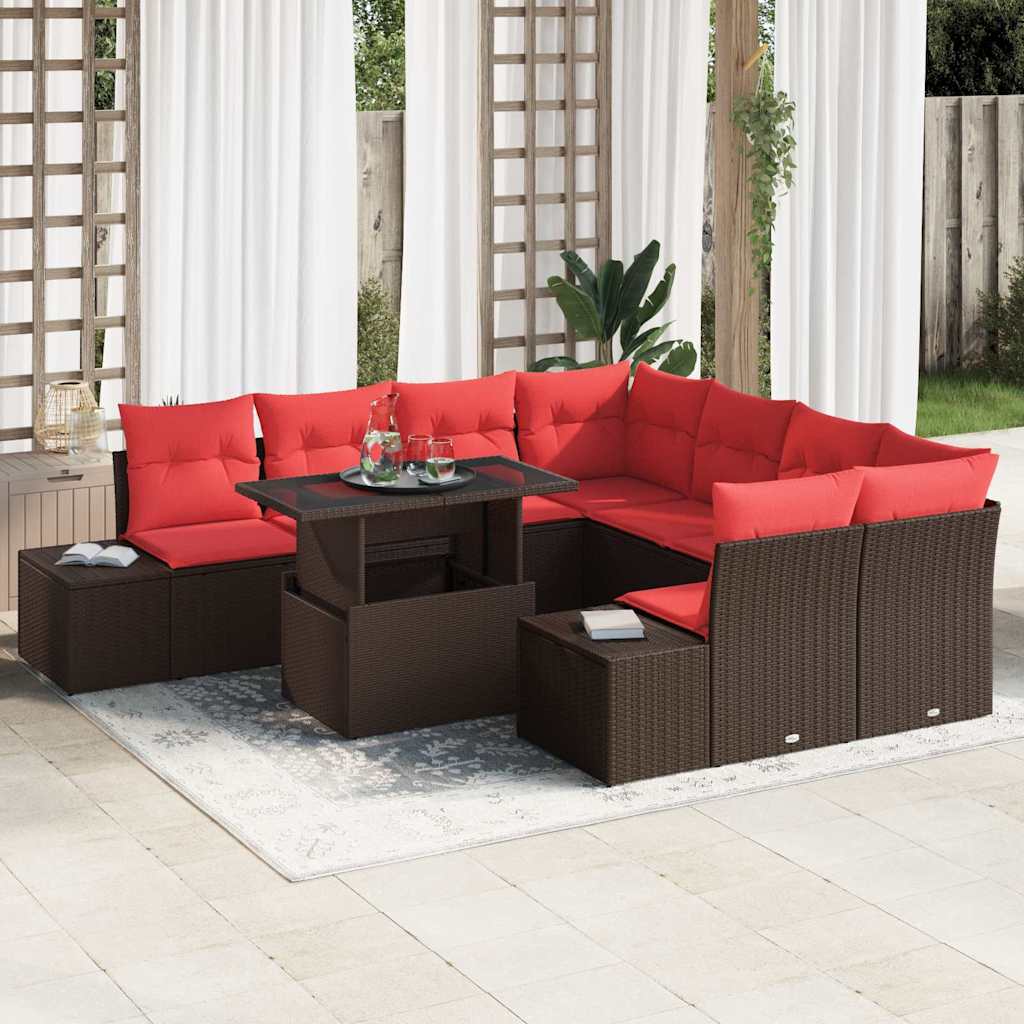 Tuin Sofa Set met kussen 9 pcs Bruin en Rood poly rattan