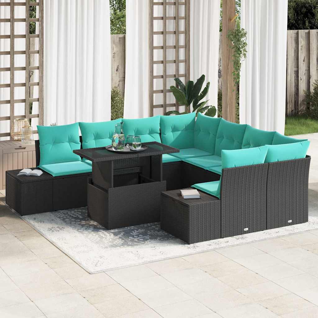 Tuin Sofa Set met kussen 9 pcs Zwart en Blauw poly rattan