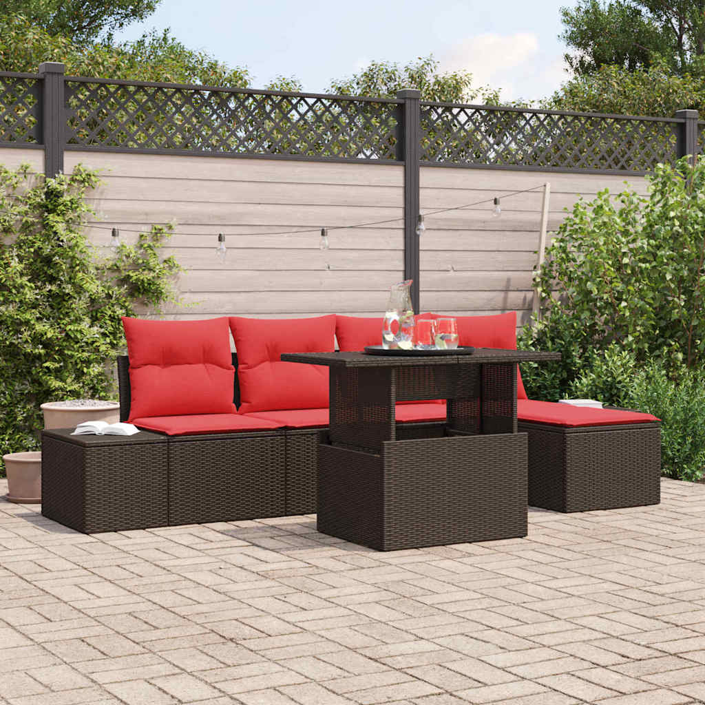 Tuin Sofa Set met kussen 6 pcs Bruin en Rood poly rattan