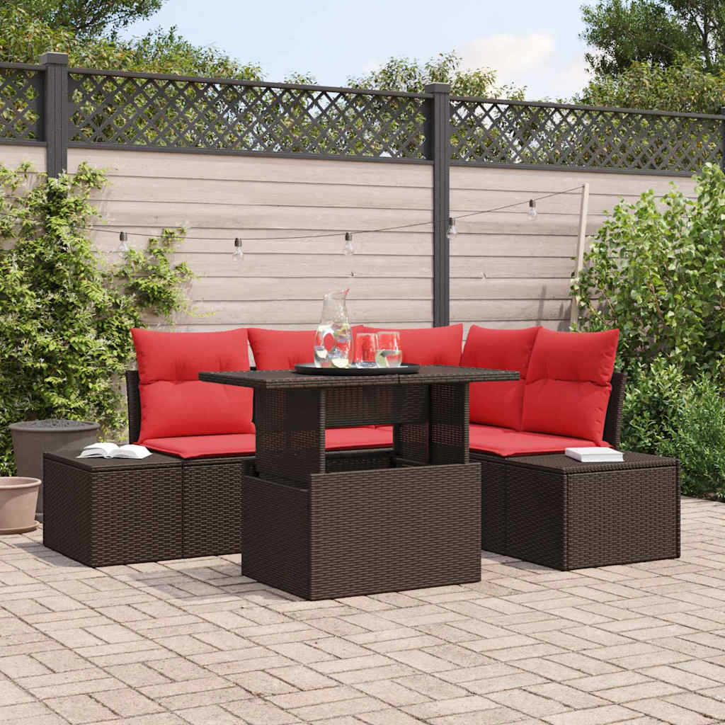 Tuin Sofa Set met kussen 6 pcs Bruin en Rood poly rattan
