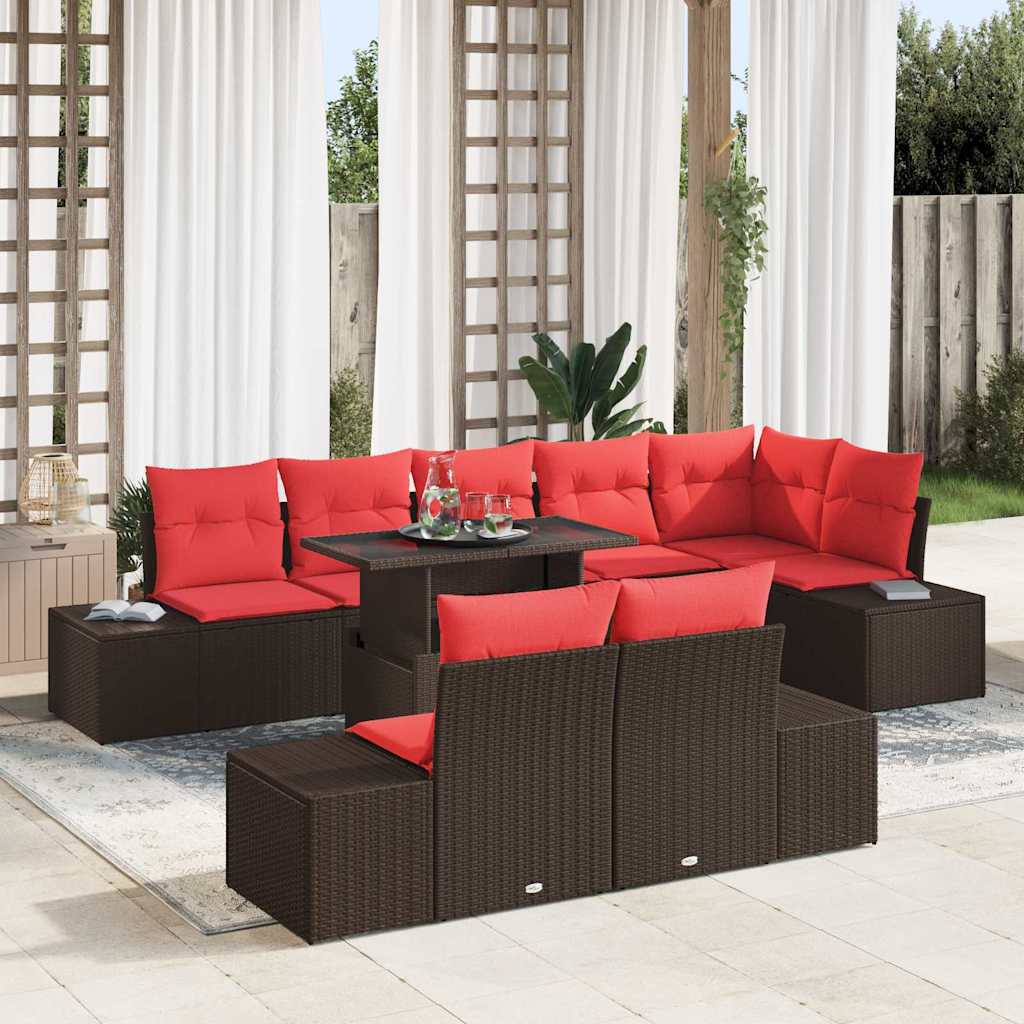 Tuin Sofa Set met kussen 9 pcs Bruin en Rood poly rattan
