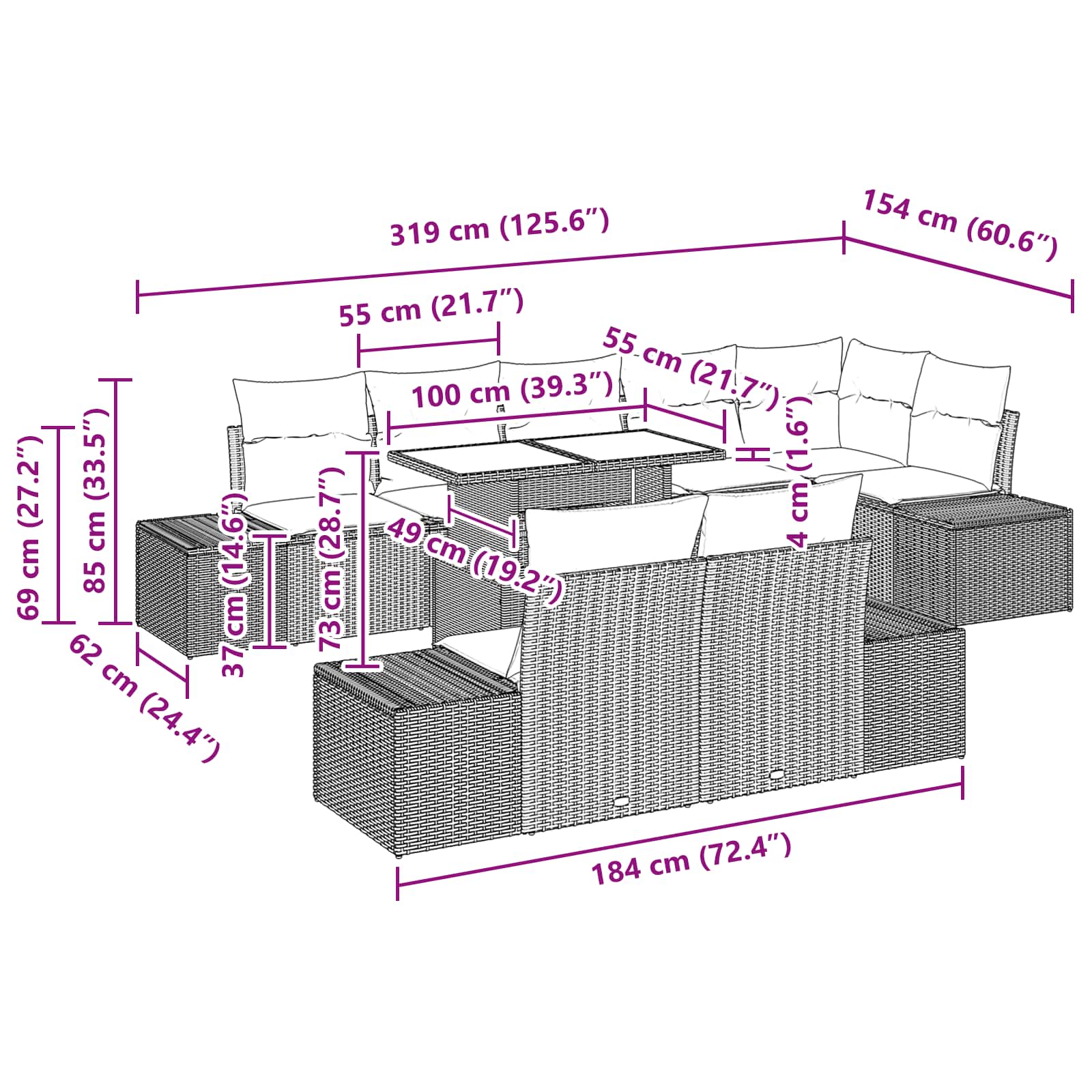 Tuin Sofa Set met kussen 9 pcs Bruin en Rood poly rattan – afbeelding 11