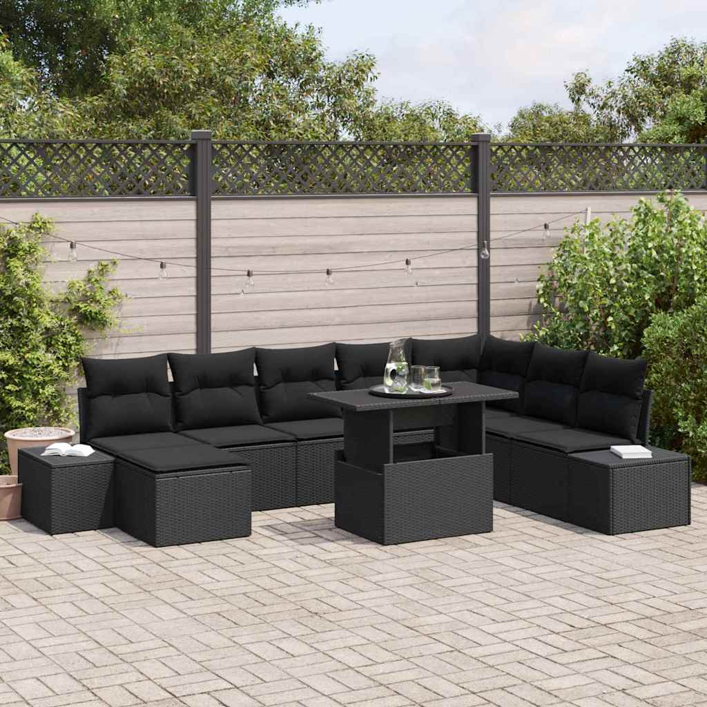 Tuin Sofa Set met kussen met opslag 9 pcs Zwart poly rattan