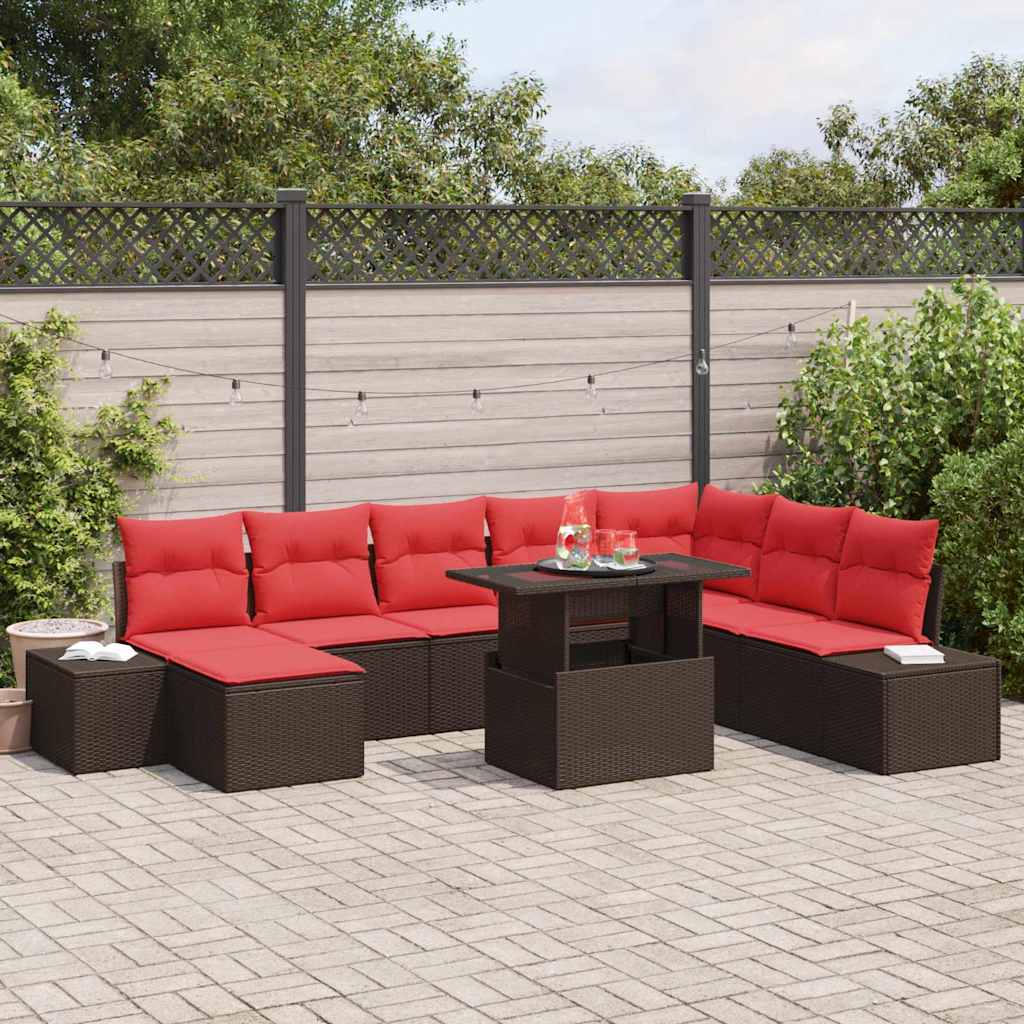Tuin Sofa Set met kussen 9 pcs Bruin en Rood poly rattan