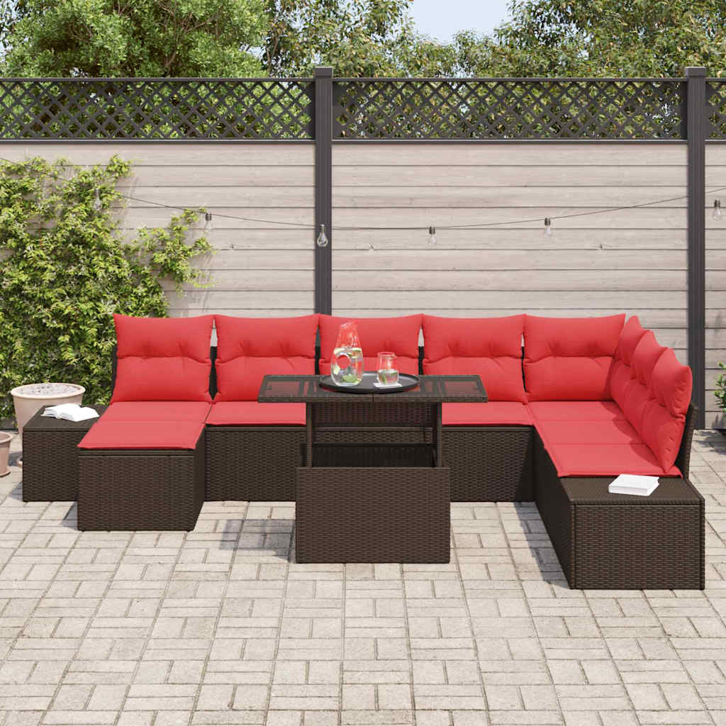 Tuin Sofa Set met kussen 9 pcs Bruin en Rood poly rattan – afbeelding 3