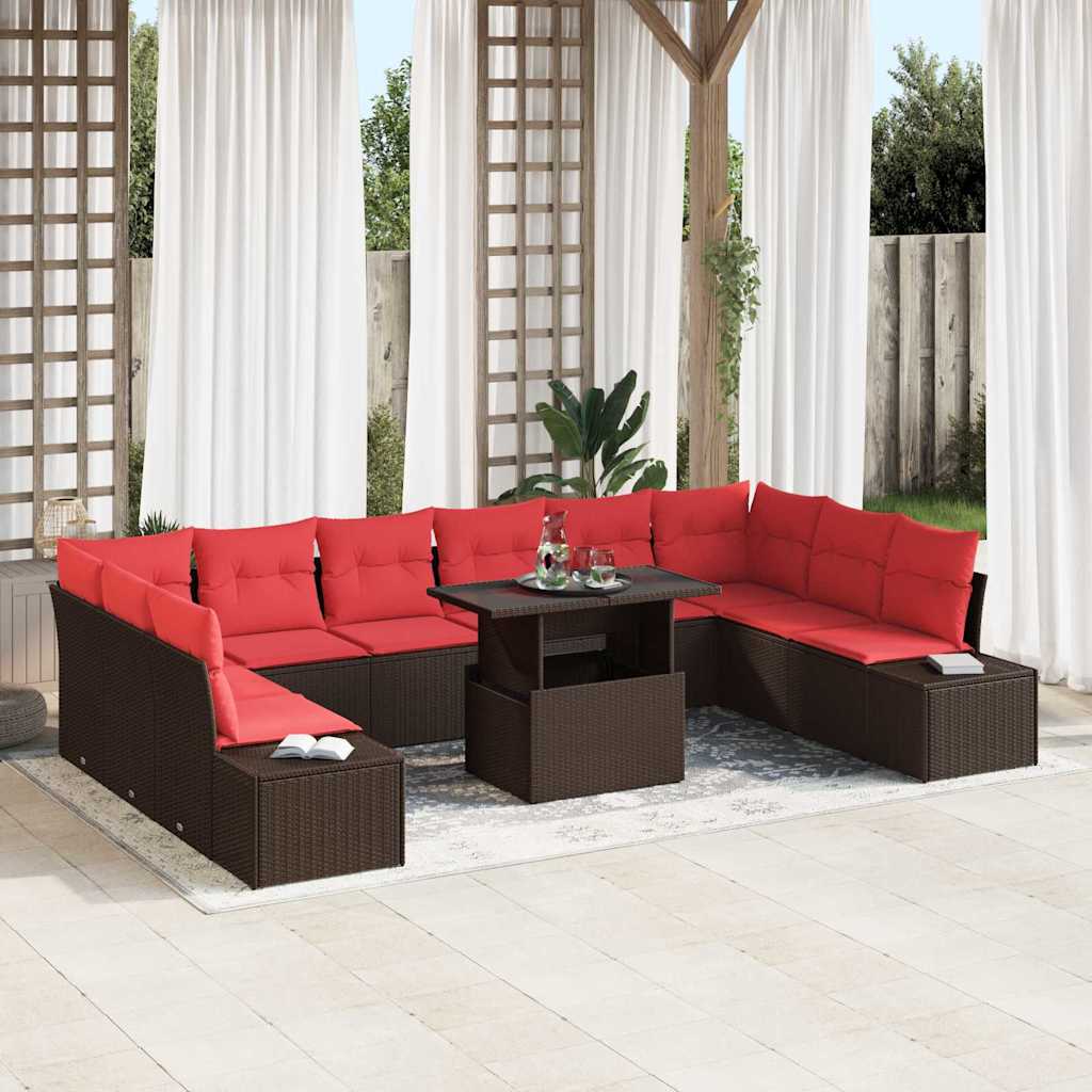 Tuin Sofa Set met kussen 11 pcs Bruin en Rood poly rattan