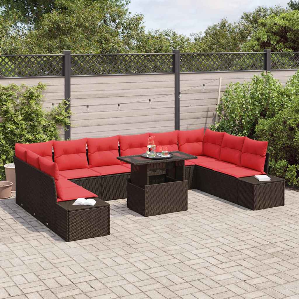 Tuin Sofa Set met kussen 11 pcs Bruin en Rood poly rattan – afbeelding 3