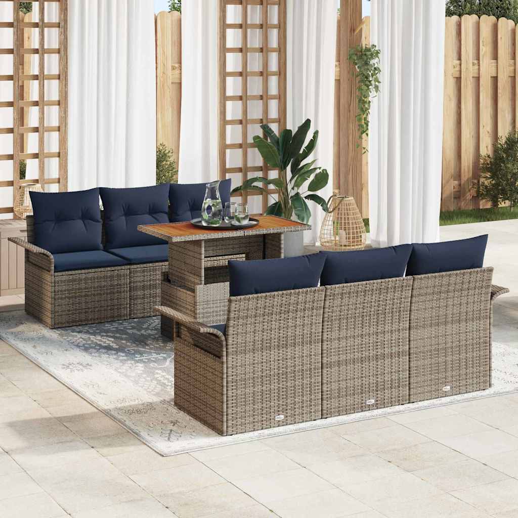 Tuinbankenset met kussen 7 pcs Grijs en Marineblauw poly rattan
