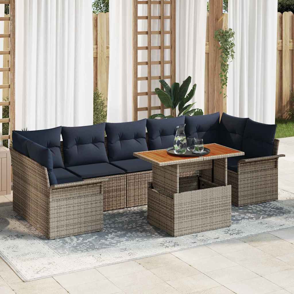 Tuinbankenset met kussen 8 pcs Grijs en Marineblauw poly rattan