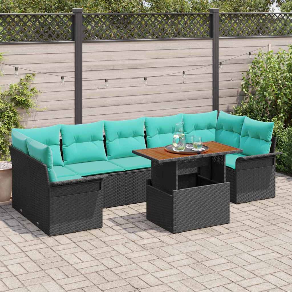 Tuinbankenset met kussen 8 pcs Zwart en Blauw poly rattan