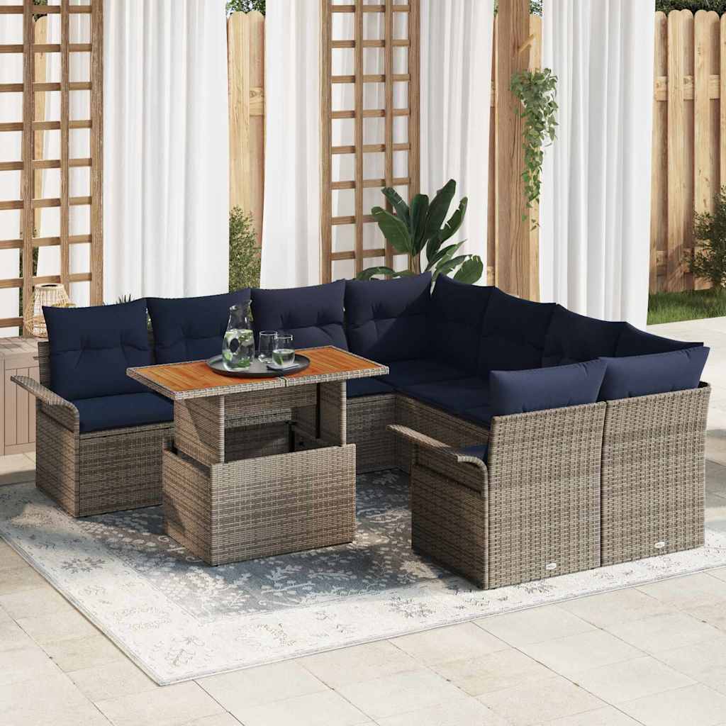 Tuinbankenset met kussen 9 pcs Grijs en Marineblauw poly rattan