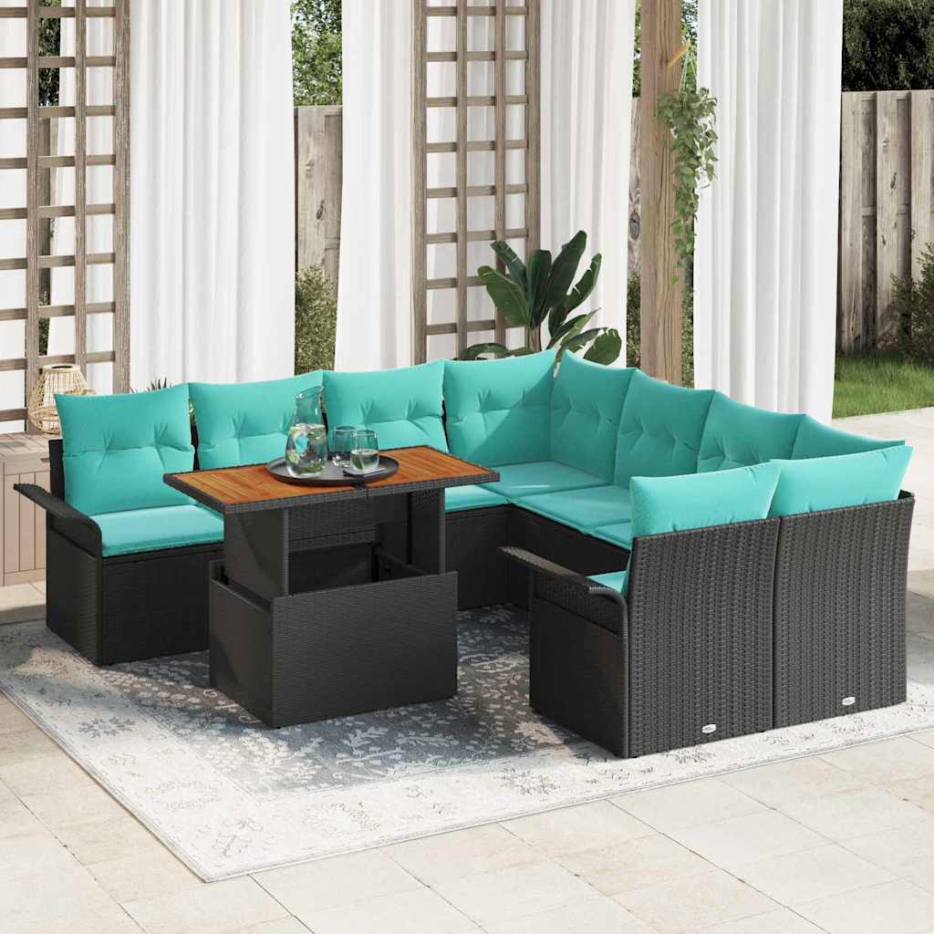 Tuinbankenset met kussen 9 pcs Zwart en Blauw poly rattan