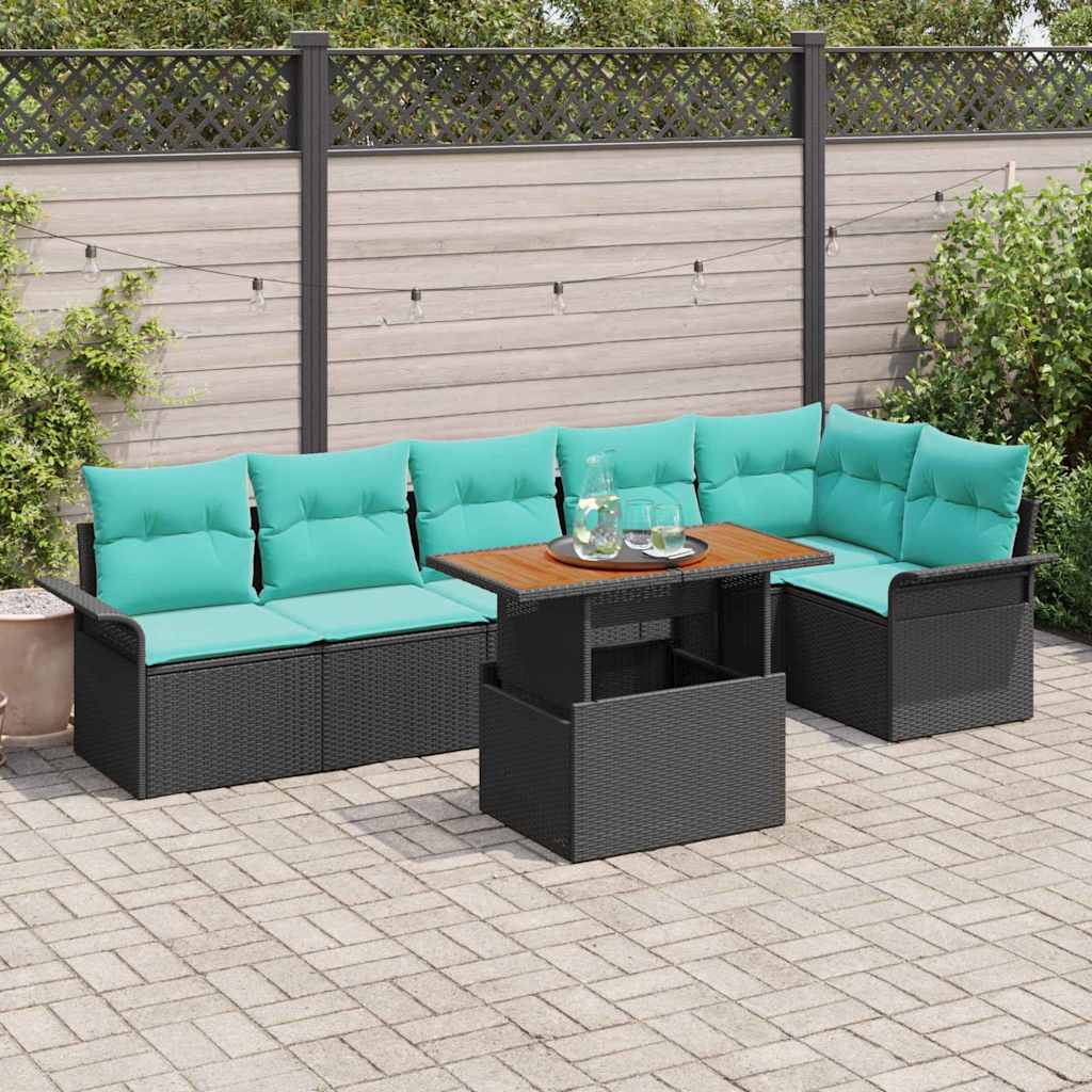 Tuinbankenset met kussen 7 pcs Zwart en Blauw poly rattan
