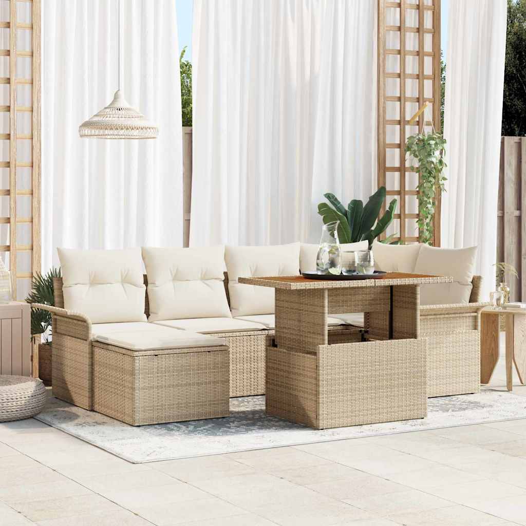 Tuinbankenset met kussen 7 pcs Beige en Crème poly rattan