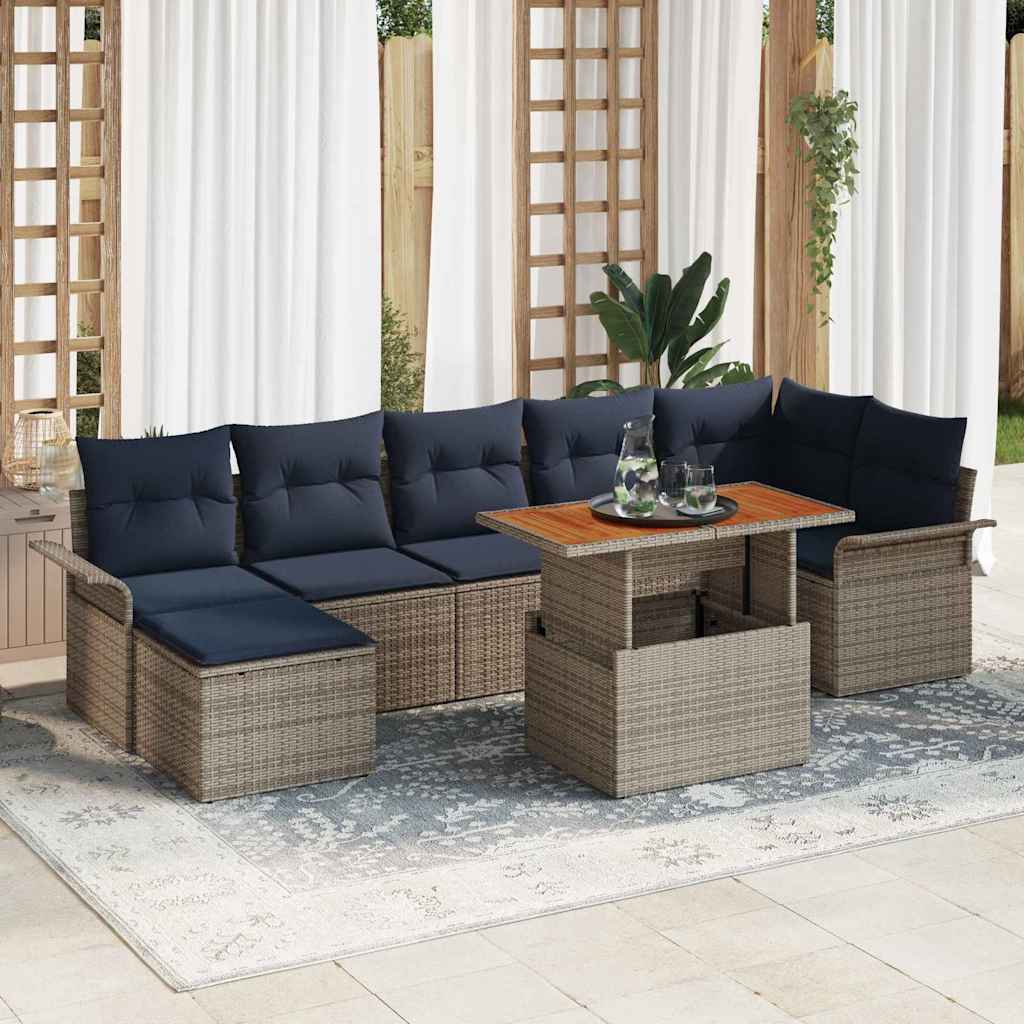 Tuinbankenset met kussen 8 pcs Grijs en Marineblauw poly rattan