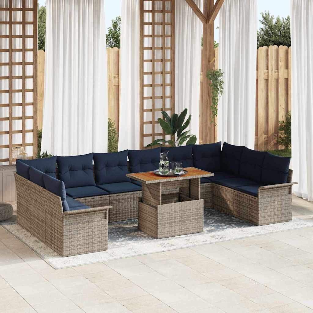 Tuinbankenset 11 pcs Grijs en Marineblauw poly rattan